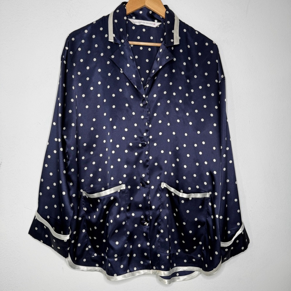 Victoria's Secret Pajama Set Women M Navy Blue Excellent Polka Dot Satin PJ